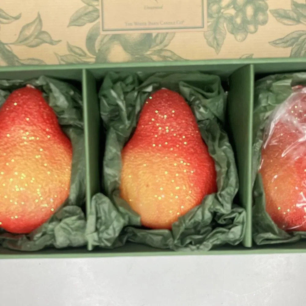 3 Holiday Fruits SUGARED PEAR CANDLES Unscented The White Barn Candle Co. In Box